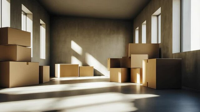 Empty room with stacked cardboard boxes in warm sunlight. High quality 4k footage