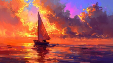 Romantic Sunset Sail: Couple on Calm Waters with Vibrant Orange and Pink Skies