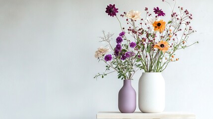 Fototapeta premium A pair of vases gracefully sit on a table, their vibrant blooms contrasting beautifully