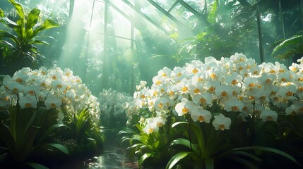 A lush green garden with white flowers
