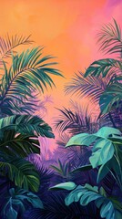 Swaying palm trees against a vibrant sunset sky