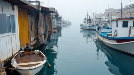 Fototapeta premium Misty harbor, fishing boats moored, nets drying, calm water