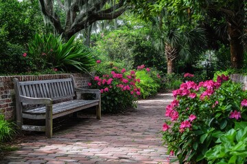 Tranquil Florida Garden with Vibrant Pentas Surrounded by Brick Wall and Natural Beauty