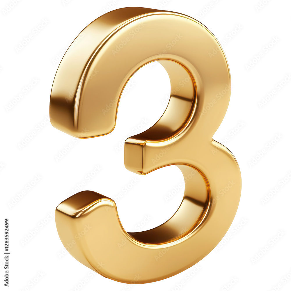 Aufkleber golden three number isolated on transparent background rendered with glossy metallic shine