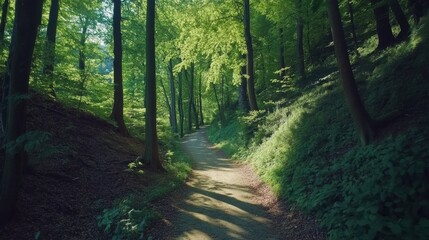 Fototapeta premium Pathway in Leuvens lush green beech forest.
