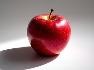 Minimalist shot of a shiny red apple on a white background with soft shadows. Perfect for clean food concepts, nutrition, wellness, and organic fruit photography.