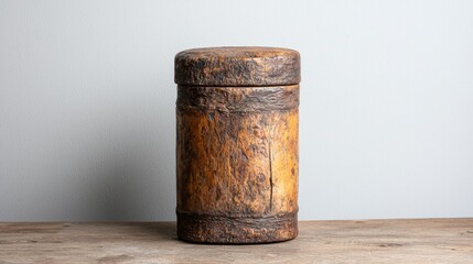 Obraz premium Antique Wooden Cylindrical Container on Wooden Tabletop