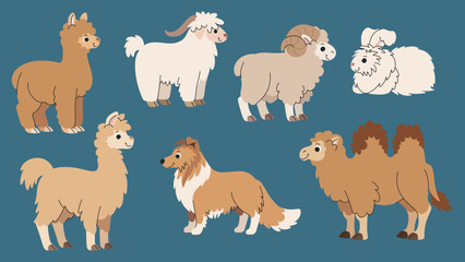 Set of cartoon animals that produce wool and fiber. Sheep, goat, rabbit, dog, alpaca, llama, and camel. Farm animals used for warm wool production.