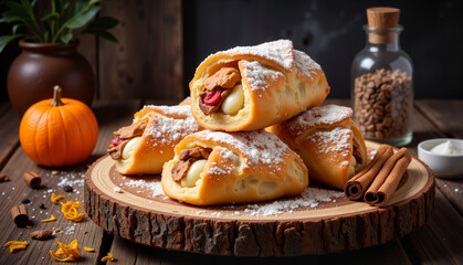 Savory pastry rolls with pumpkin and spices on wooden platter