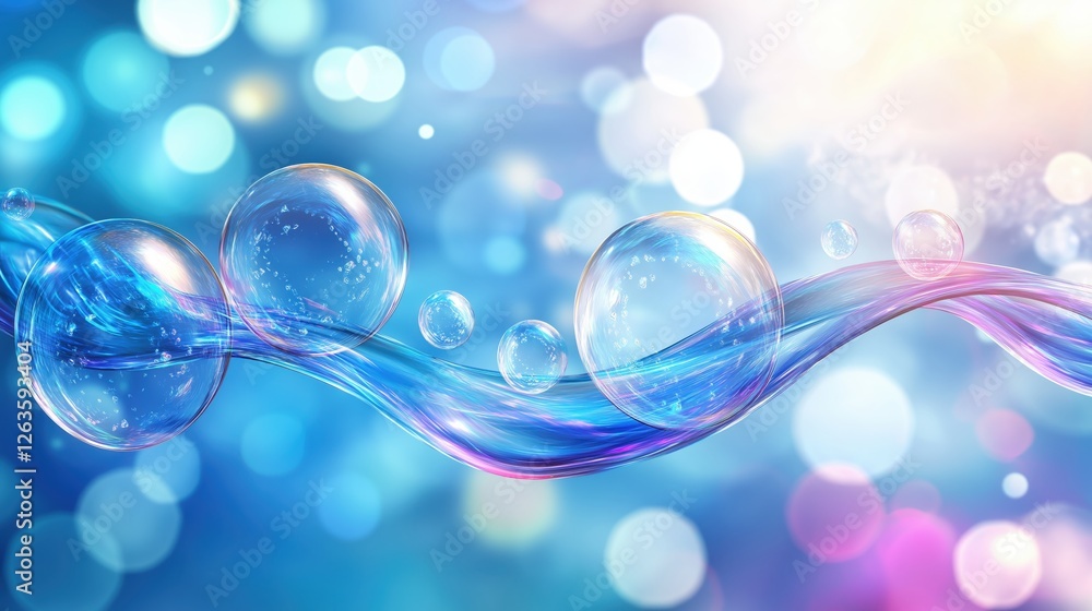 Poster transparent bubbles drifting over colorful wave pattern, blurred bokeh lights generating visual dept