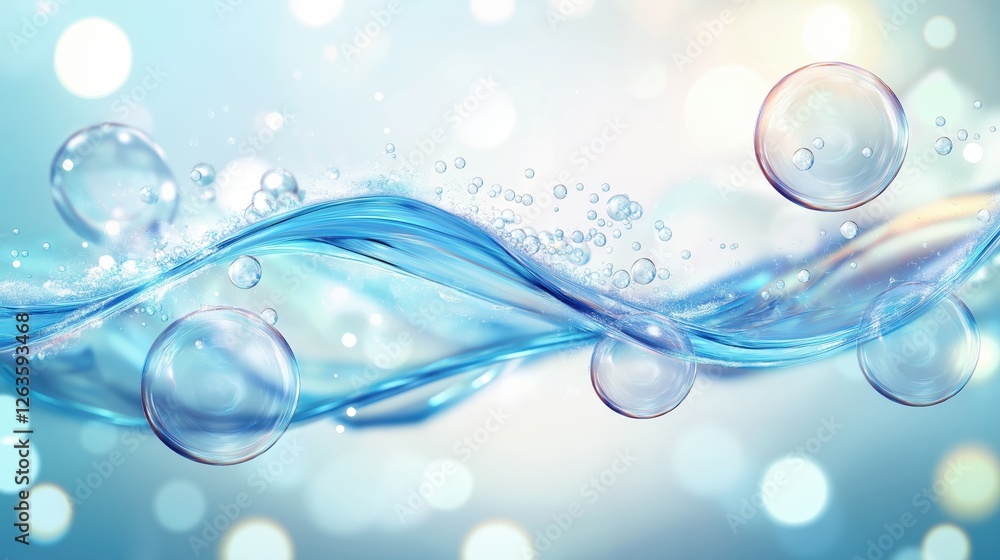 Poster oceanic blue waves blending with translucent bubbles, generating fluid motion through soft luminesce