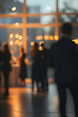 Blurred corporate event reception: reception area of a corporate event with attendees blurred in the background