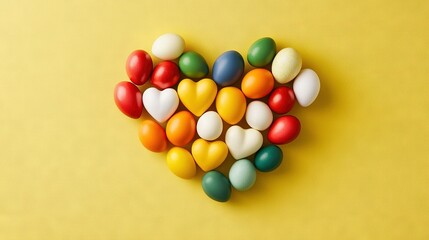 Obraz premium Heart-shaped arrangement of multi-colored eggs on a yellow background with a red, white, green, and blue egg in the center