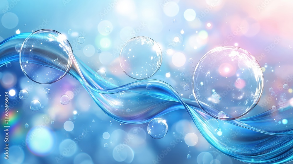 Poster swirling blue waves merging with transparent bubbles, creating fluid dynamic movement over soft glow