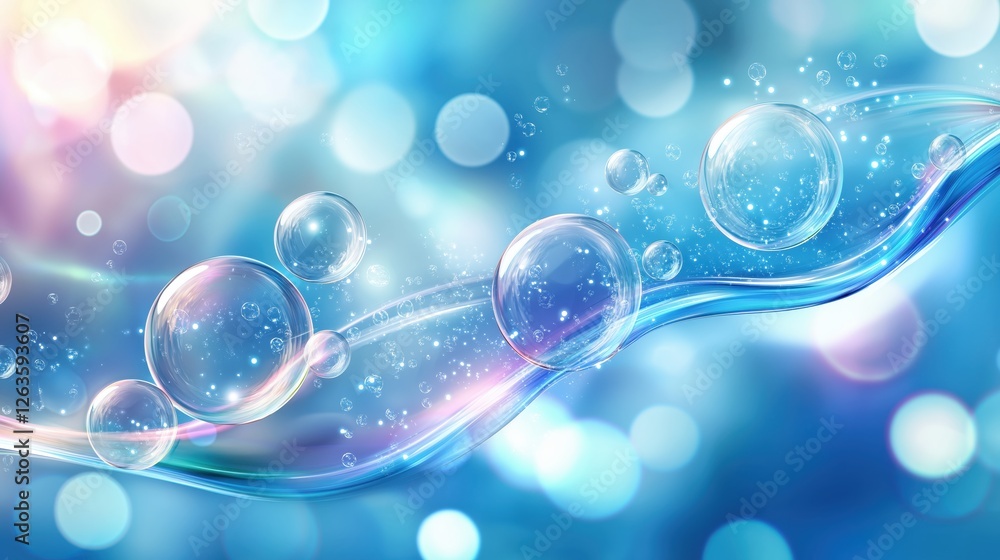 Poster vibrant, translucent bubbles drifting across blurred azure backdrop, generating serene visual harmon