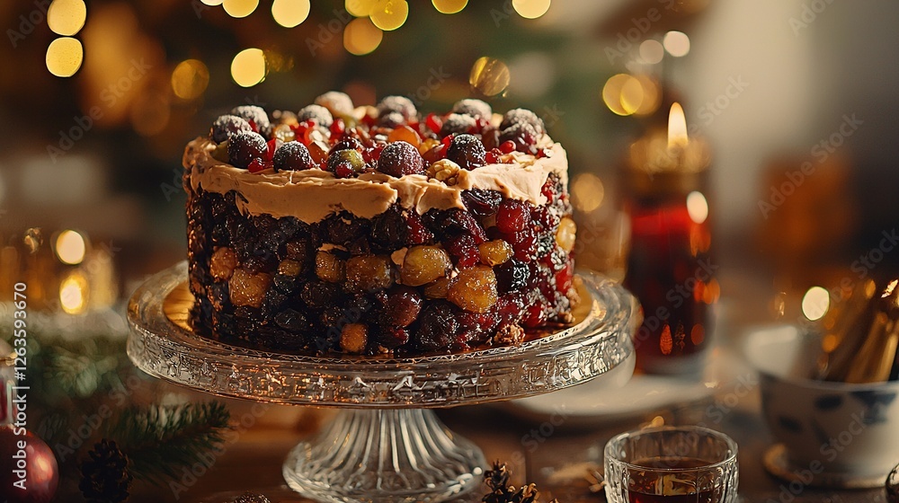 Poster close-up of a cake on a plate in front of a christmas tree with glowing lights in the background