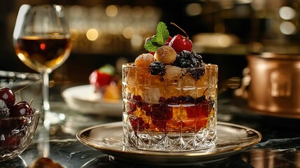   A wineglass perched atop a table beside a platter of cuisine and another goblet of vino