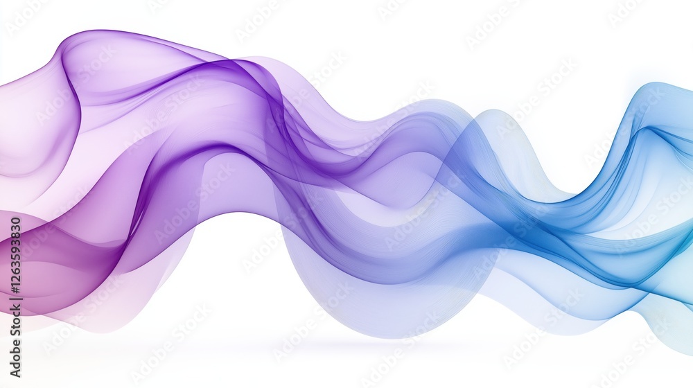 Poster translucent purple and blue waves flowing dynamically, creating fluid gradient curves conveying sere