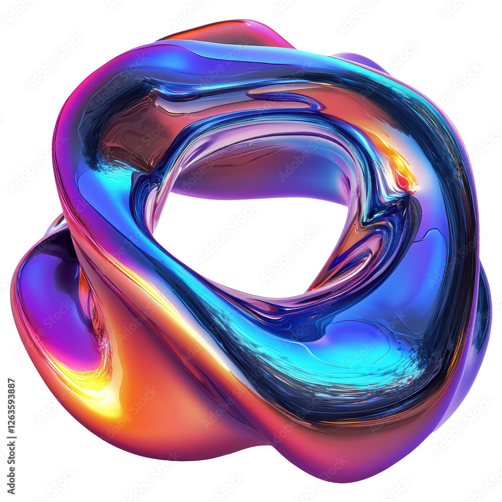 Poster iridescent metallic torus shape with fluid curves and transparent background design