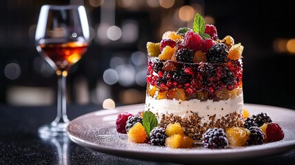   A red wine glass sits next to a white plate holding a cake
