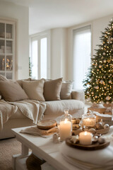 Blurry Christmas tree lights create a warm and cozy atmosphere in a softly illuminated interior with beige and white decor