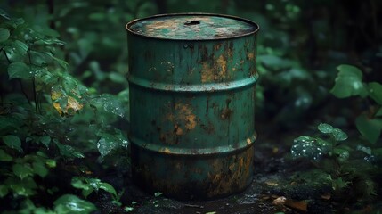 Fototapeta premium A green barrel is sitting in the middle of a forest