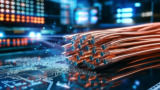 A bundle of multi-core copper electrical wires, coiled neatly in a high-tech manufacturing facility, with LED screens and circuit boards in the background.