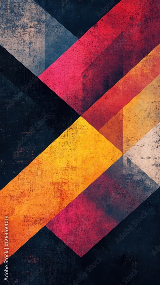 Poster intersecting geometric shapes with vibrant color palette, featuring textured overlay, forming dynami