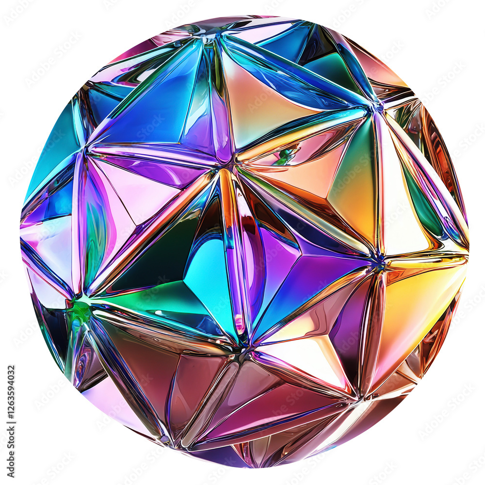 Poster iridescent spherical geometric structure with triangular polygons on transparent background