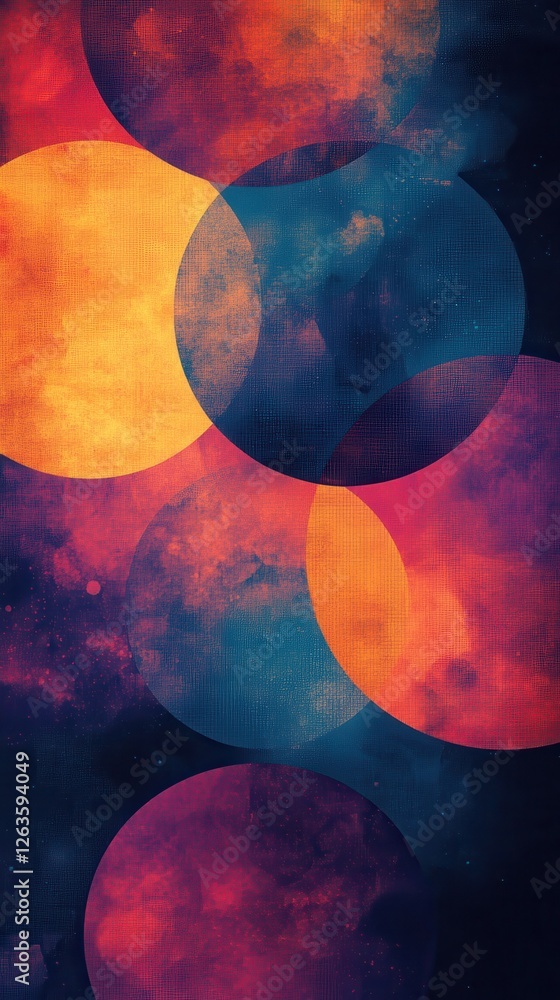 Poster Colorful interlocking circles creating abstract pattern with grungy texture, revealing dynamic visual depth and contemporary graphic design aesthetic