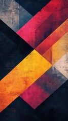 Intersecting geometric shapes with vibrant color palette, featuring textured overlay, forming dynamic modern abstract background for graphic design applications