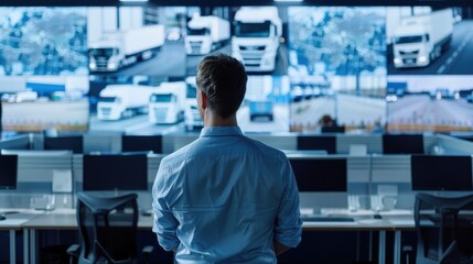 Logistics Manager Overseeing Fleet with Advanced GPS Technology in High-Tech Control Room