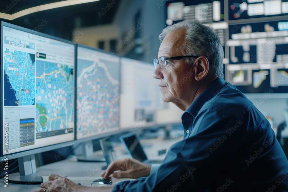 Poster logistics manager analyzing gps tracking data in high-tech office for efficient fleet management