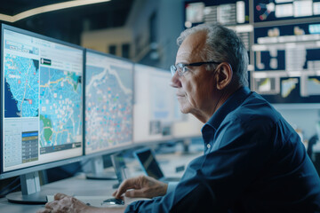 Logistics Manager Analyzing GPS Tracking Data in High-Tech Office for Efficient Fleet Management