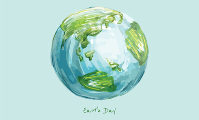 Hand Drawing Earth Day Painting Green Globe Ecological World day Conservation Vector Illustration