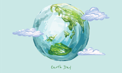 Hand Drawing Earth Day Painting Green Globe Ecological World day Conservation Vector Illustration