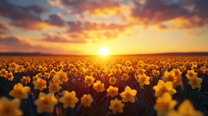 Sunset over a field of daffodils
