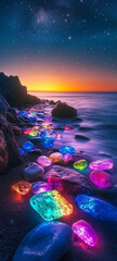 Glowing Colorful Stones on a Starry Night Beach