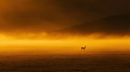 Fototapeta premium A deer stands in the center of a field on a hazy morning, surrounded by fog, while the sky above is a soft yellow