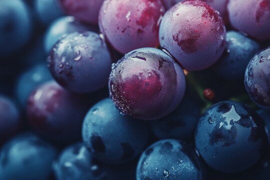 Close-up of fresh purple grapes in natural lighting. Neural network AI generated