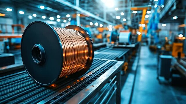 A large spool of industrial-grade multi-core copper cable, resting on a steel platform in a busy electrotechnical factory, glowing under ambient factory lighting.