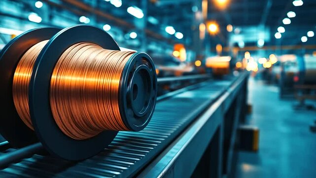 A large spool of industrial-grade multi-core copper cable, resting on a steel platform in a busy electrotechnical factory, glowing under ambient factory lighting.