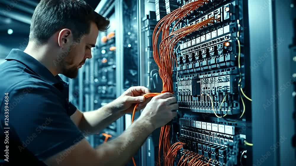 Aufkleber a technician assembling a control panel, skillfully connecting multi-core copper wires to circuit br