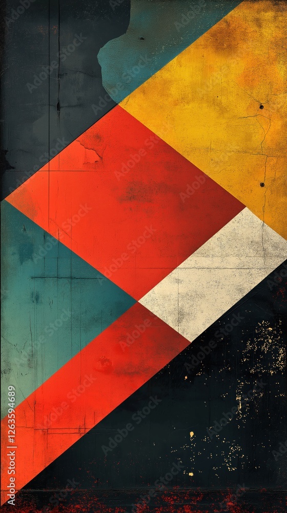 Poster intersecting geometric shapes creating dynamic composition with grunge textures, featuring bold colo
