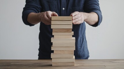 Person stacking wooden blocks, focused, wooden table, indoor setting. Possible use Educational material