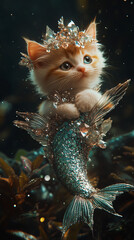 Fantasy Illustration of a Kitten with Mermaid Features in a Mystical Underwater Setting, Surrounded by Aquatic Elements, Shimmering Scales, and Dreamlike Aesthetic