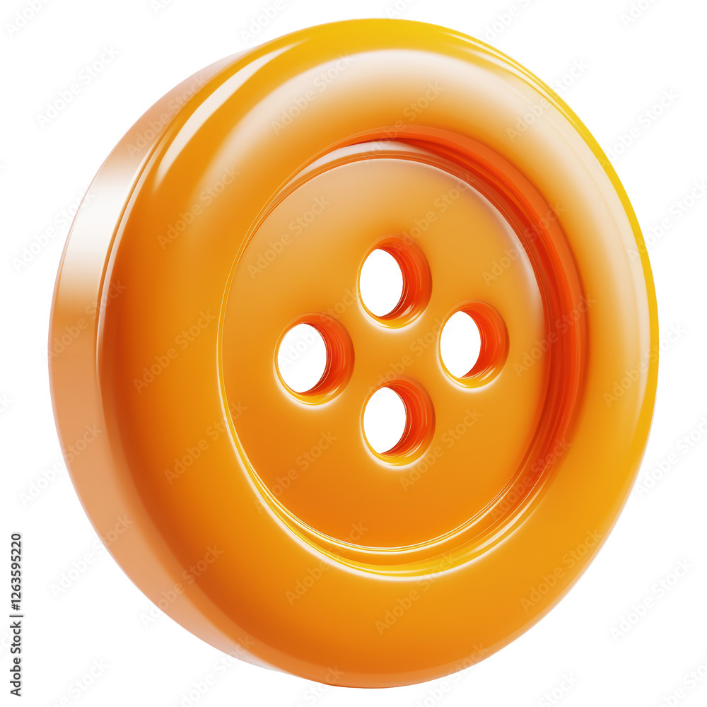 Poster isolated orange plastic button with four holes on transparent background 3d rendering