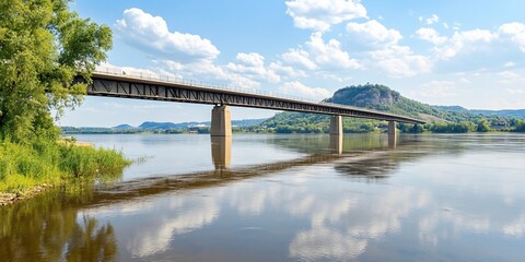 River bridge landscape, summer sky, hill background