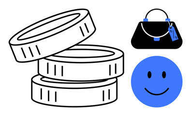 Stacked coins, handbag with price tag, and smiling face. Ideal for finance, wealth, shopping, expense management, happiness retail customer satisfaction. Simple design abstract line flat metaphor