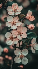 Obraz premium Soft pink cherry blossoms bloom with intricate details and delicate petals, creating a serene atmosphere against a blurred green background, evoking spring beauty.